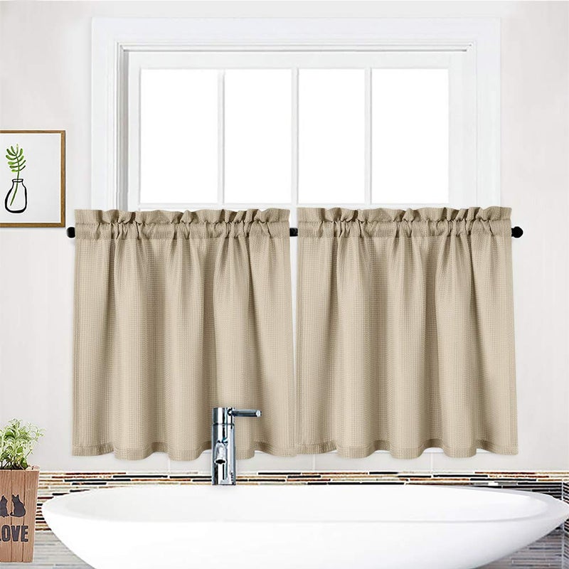 NANAN Waffle-Weave Textured Tier Curtains for Kitchen Water-Proof Window Curtains for Bathroom - 30" x 30", Plaza Taupe, Set of 2 - Image 1